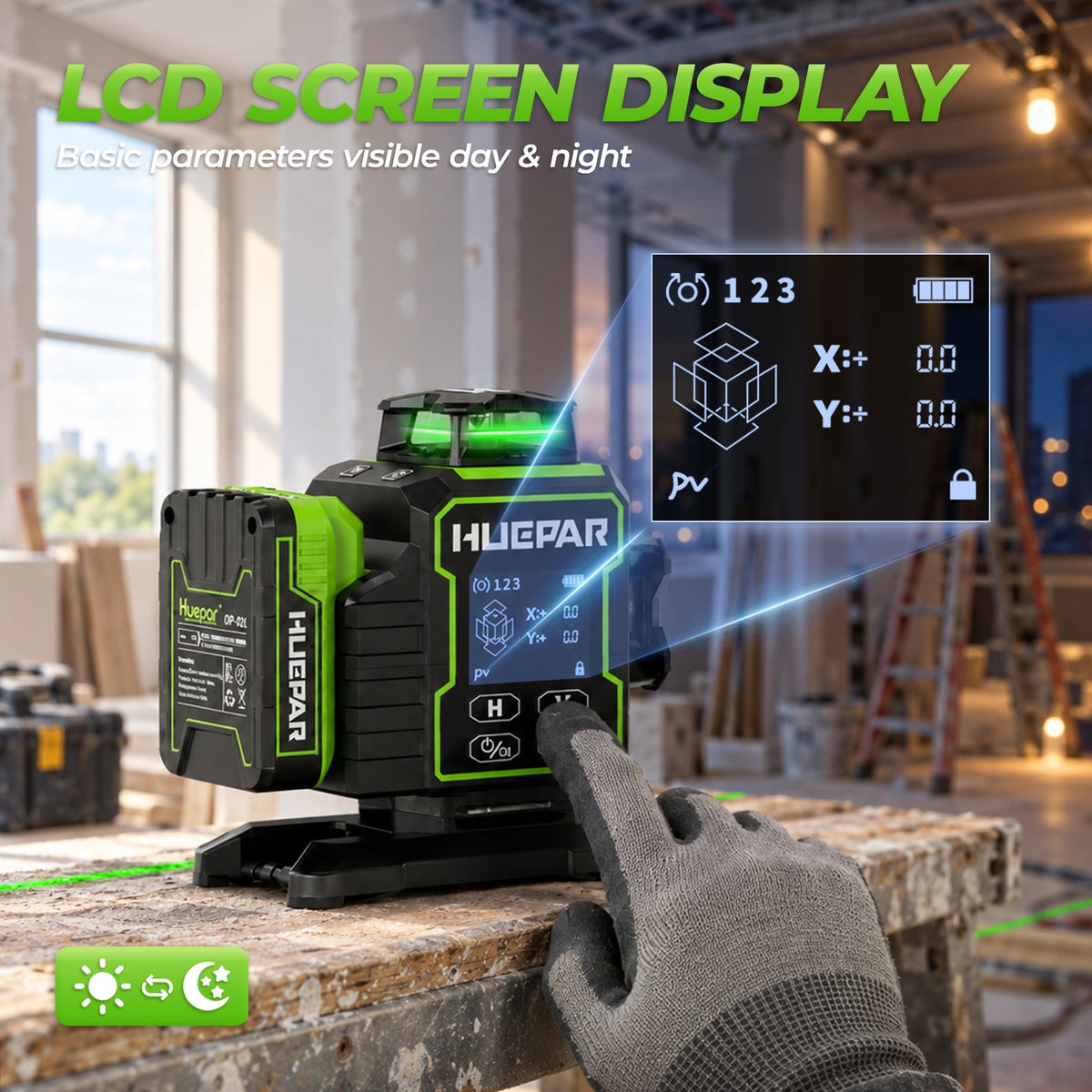 HUEPAR W04CG 4D laser level with an LCD display showing coordinates and battery status.