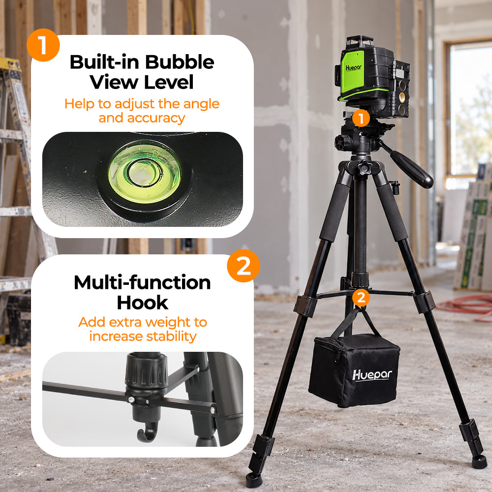 Huepar tripod featuring a built-in bubble level and multifunctional hook.