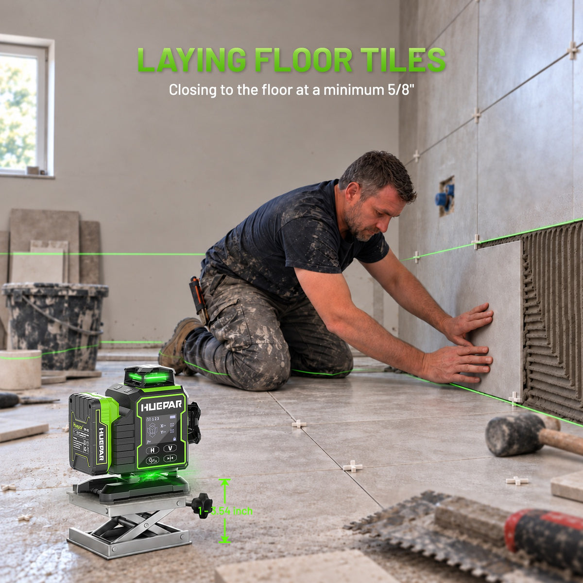 Huepar W04CG 4D laser level on adjustable lifting base with 5/8 inch minimum distance to floor for tile installation