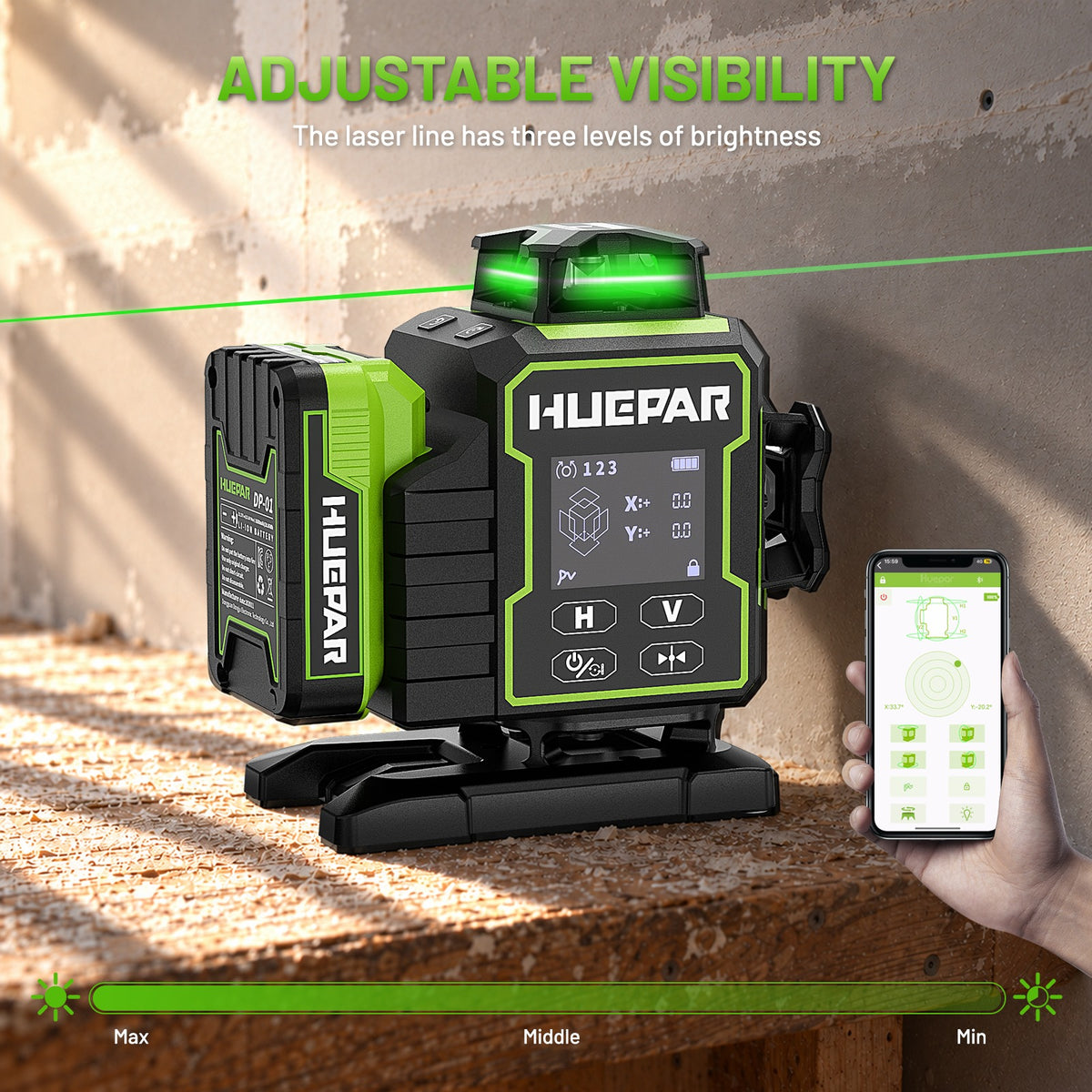 HUEPAR W04CG 4D laser level with a smartphone app for adjusting laser line visibility across three brightness levels.