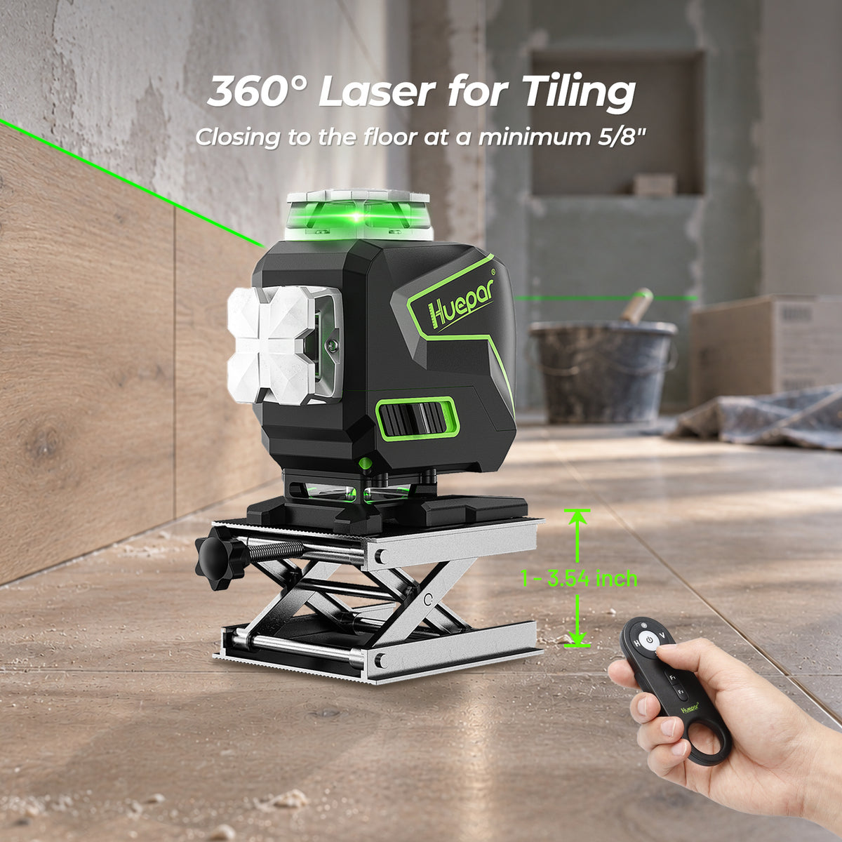 Huepar S04CG 4D Laser Level on height adjustable 1 to 3.54 inch lifting base for floor tiling.