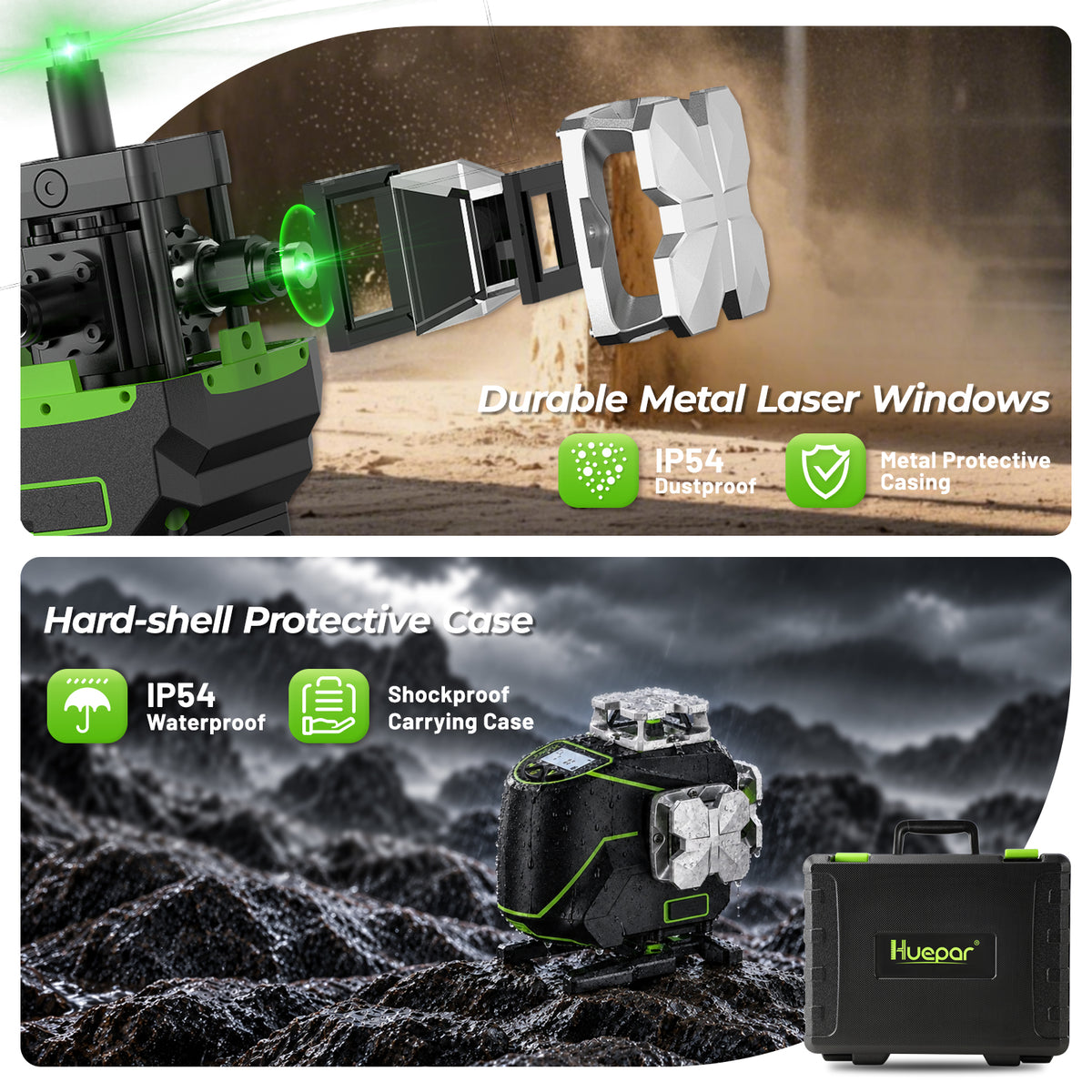 Huepar S04CG 4D Laser Level with exploded view of metal laser windows and hard-shell carrying case.
