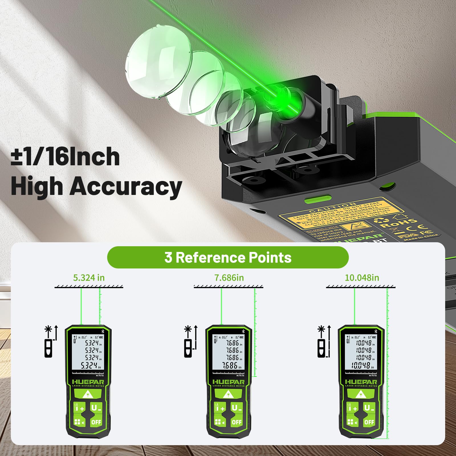 Huepar S120G-BT Bluetooth Laser Distance Meter (120m/395ft, ±1.5mm Accuracy, App Control, Area & Volume)