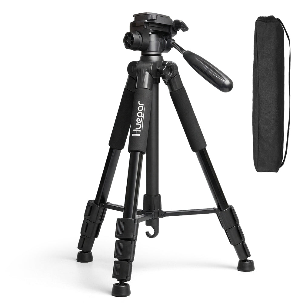 Huepar TPD14 adjustable tripod with a quick-release head and carrying pouch.
