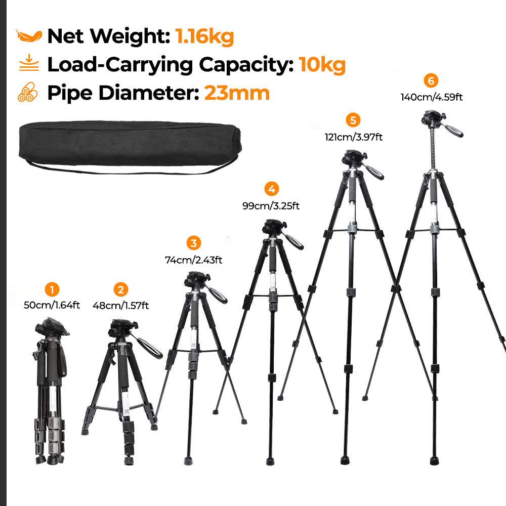 Huepar telescopic tripod with six adjustable height measurements, 1.16 kg net weight, 10 kg load capacity, and 23 mm tube diameter.