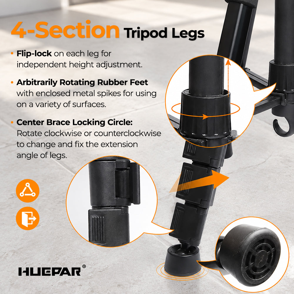 Huepar tripod with 4-section adjustable legs, flip locks, rotating rubber feet, and adjustable leg angles.