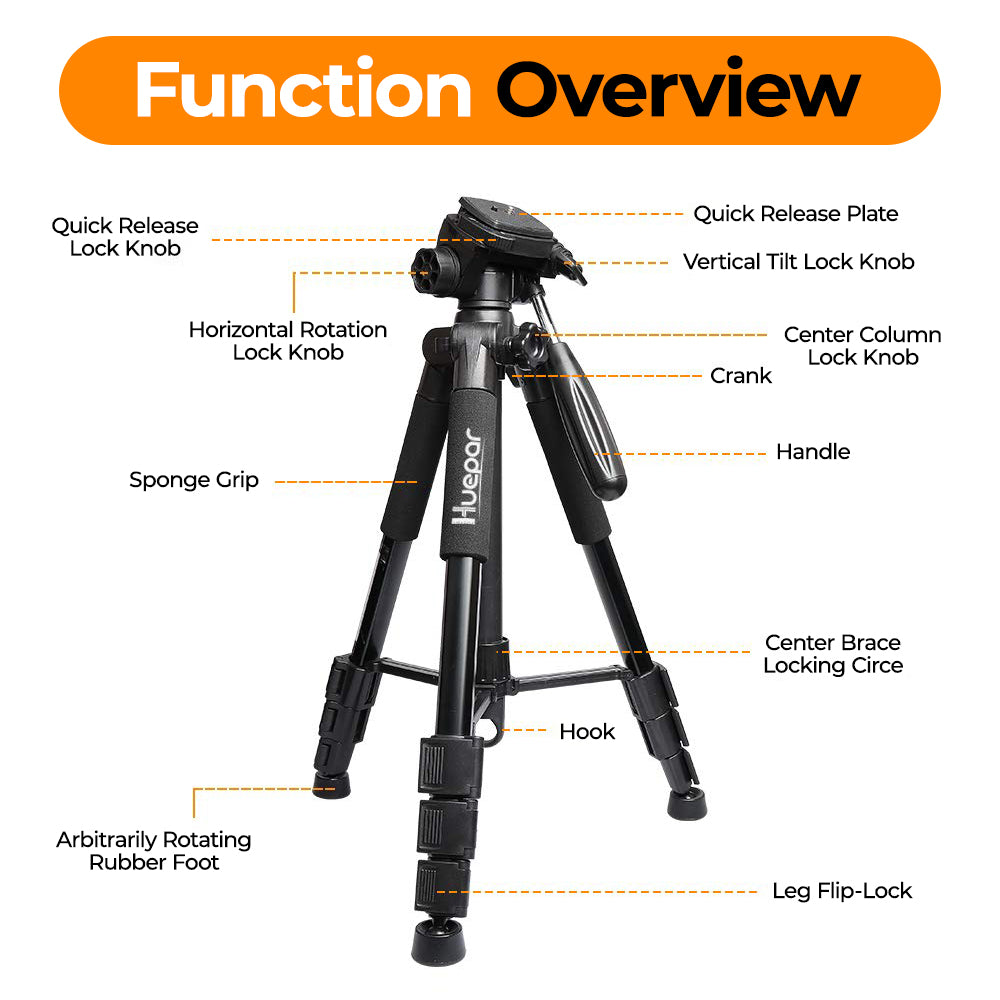 Huepar tripod parts diagram showing the quick-release knobs, handle, center column, leg flip locks, and rubber feet.