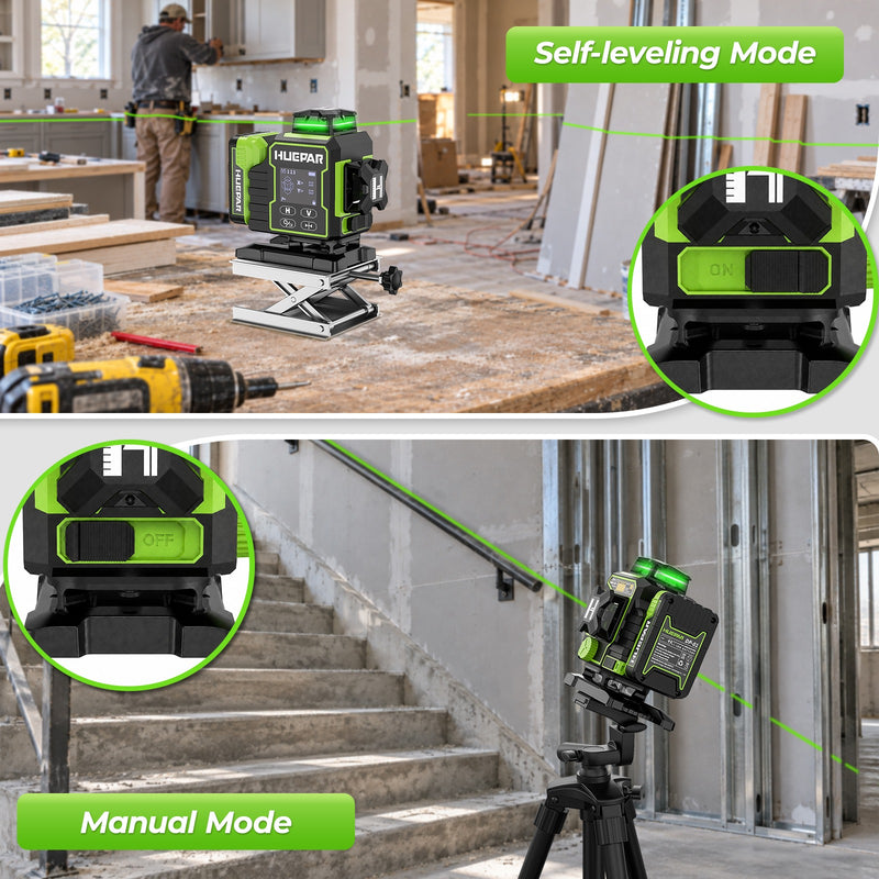 HUEPAR W04CG 4D laser level with manual and self-leveling modes, switchable via the ON/OFF button.