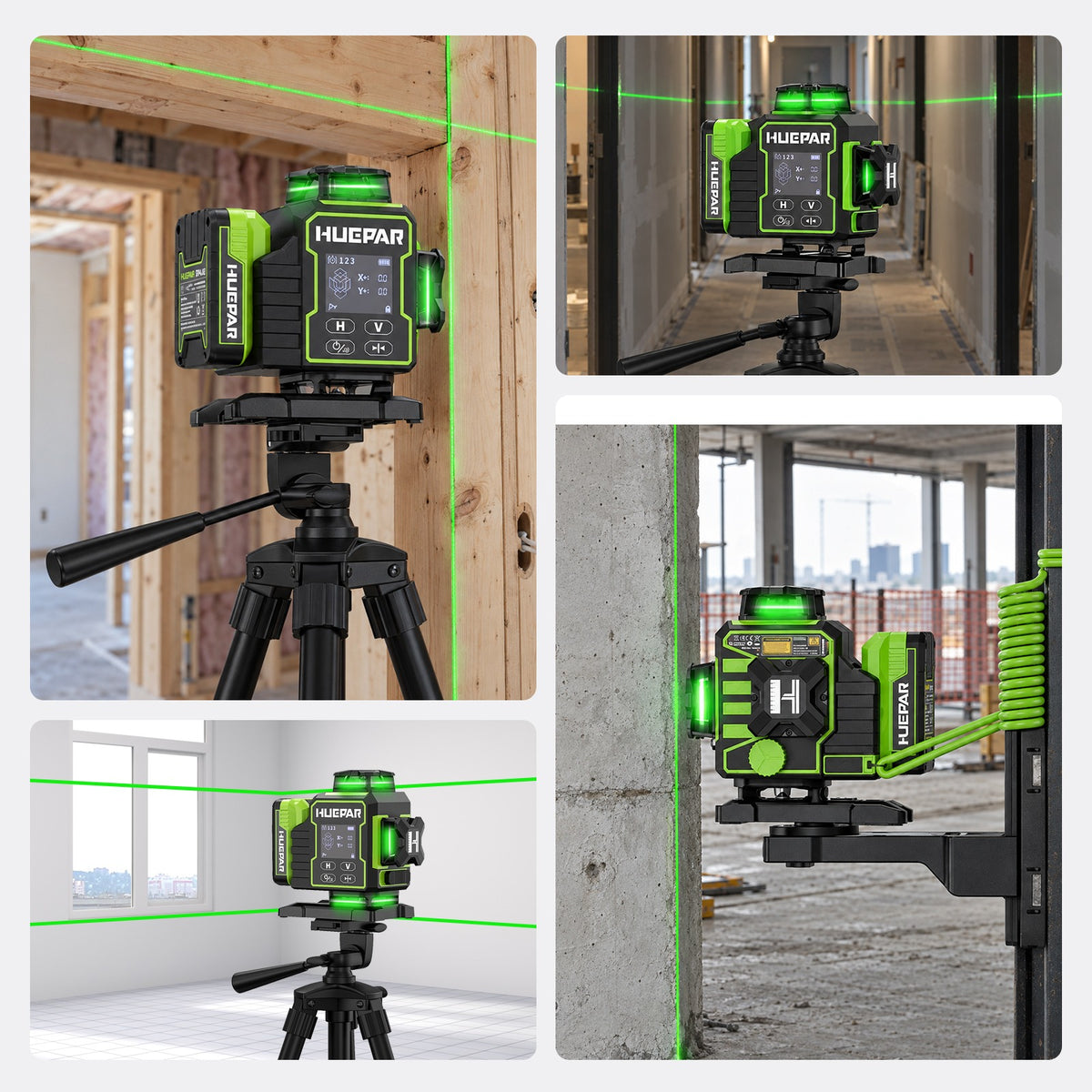 Huepar W04CG 4D laser level showing four different construction and home renovation applications