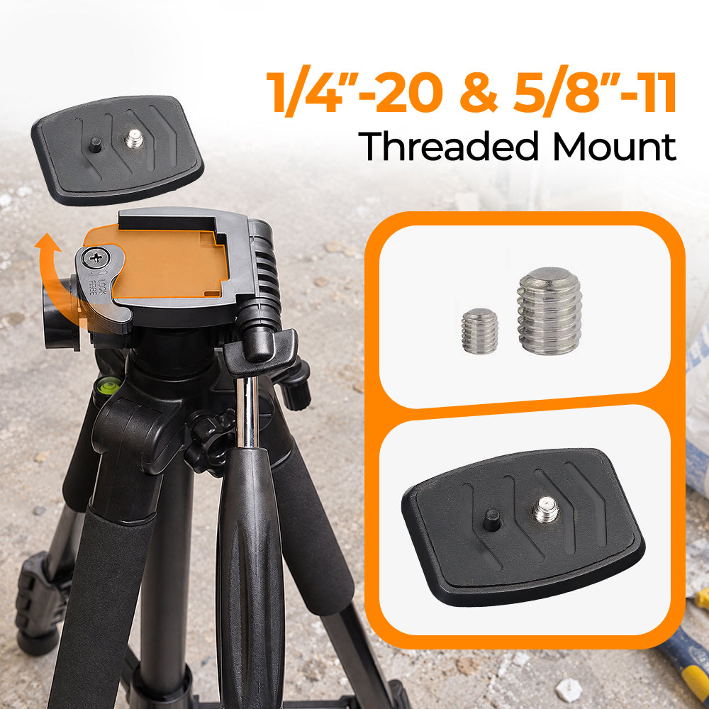 Huepar adjustable tripod with a quick-release head and 1/4"-20 and 5/8"-11 female threads.