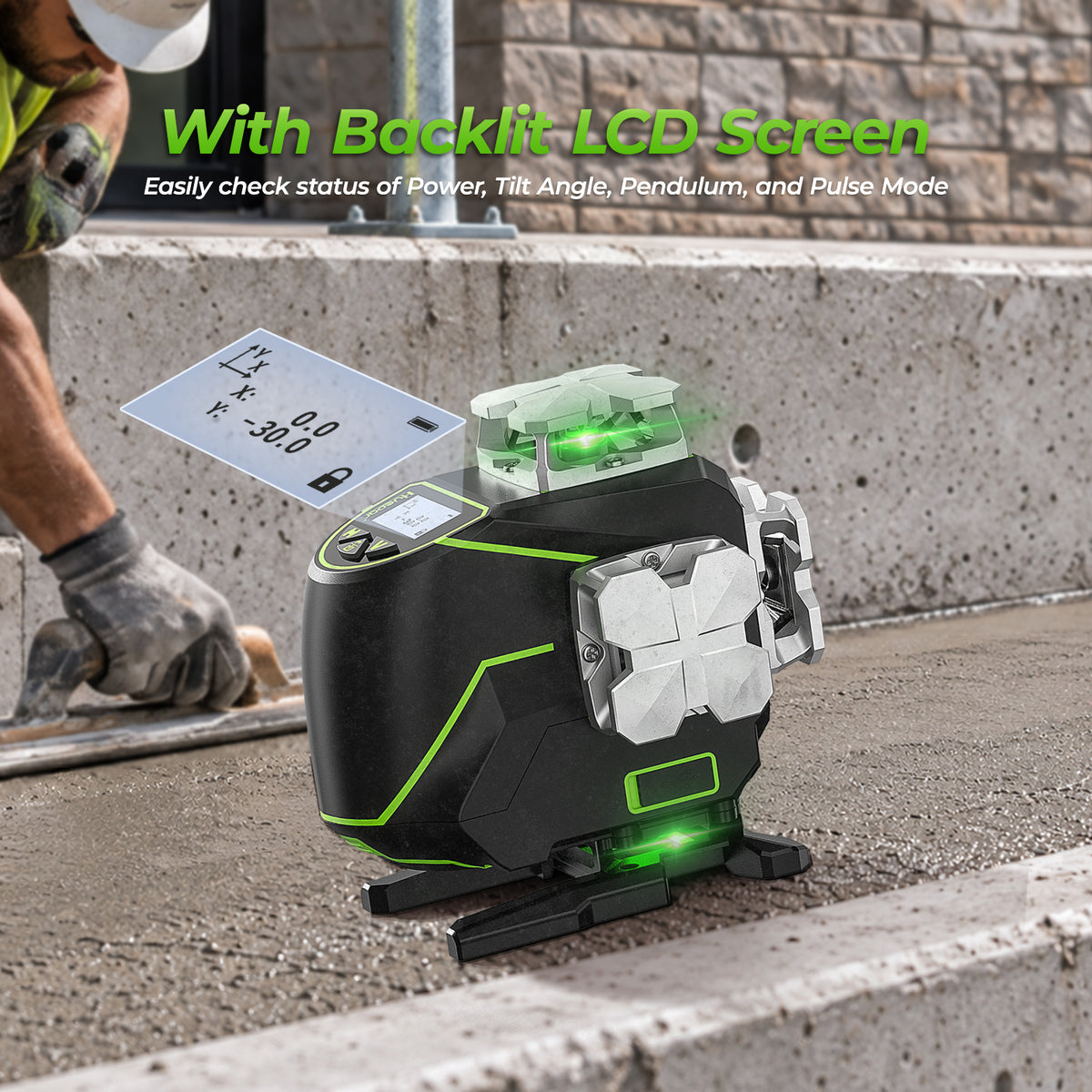 Huepar S04CG 4D Laser Level with backlit LCD screen displaying status and operating modes on a job site