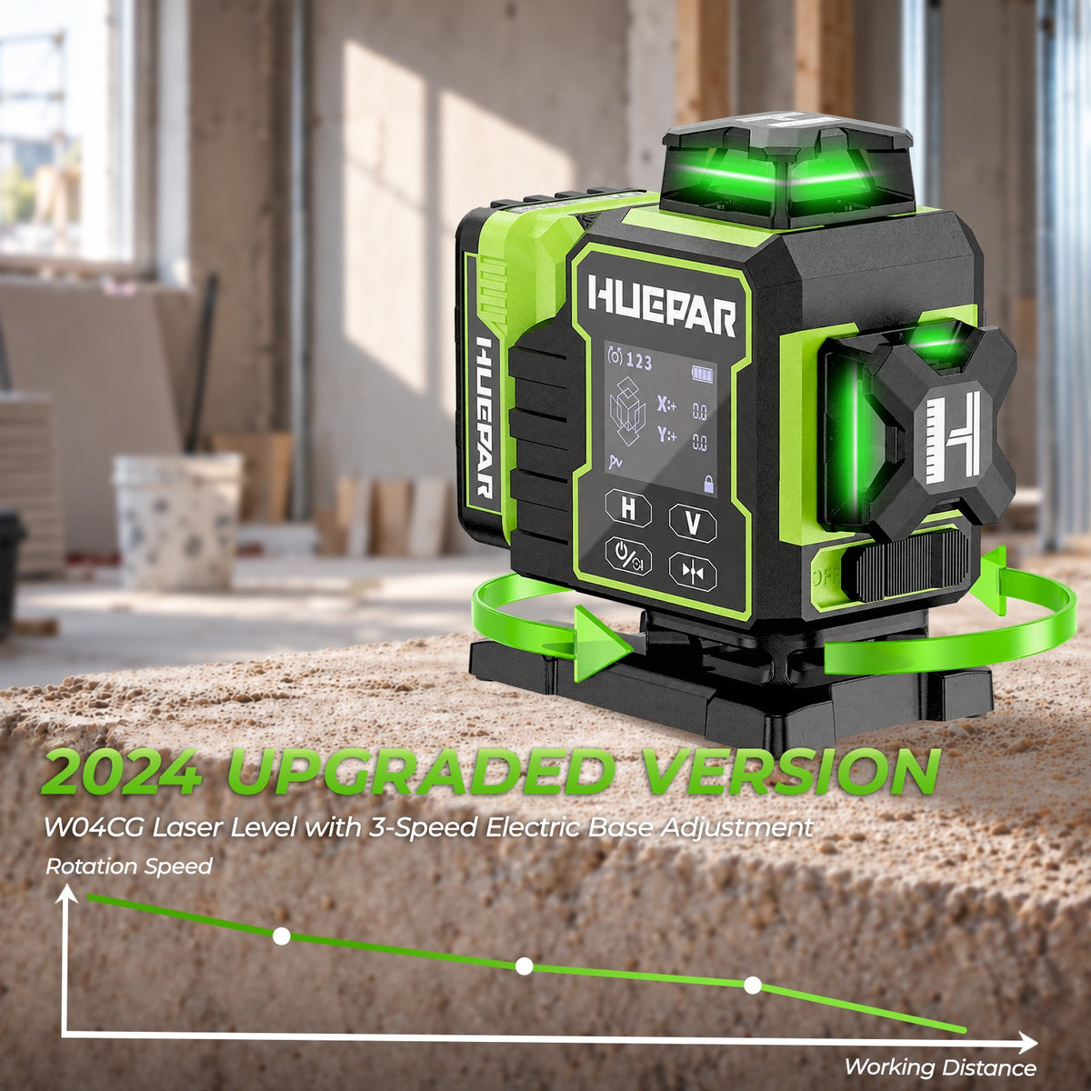 HUEPAR W04CG 4D laser level with a three-speed adjustable electric rotary base for controlling rotation speed.