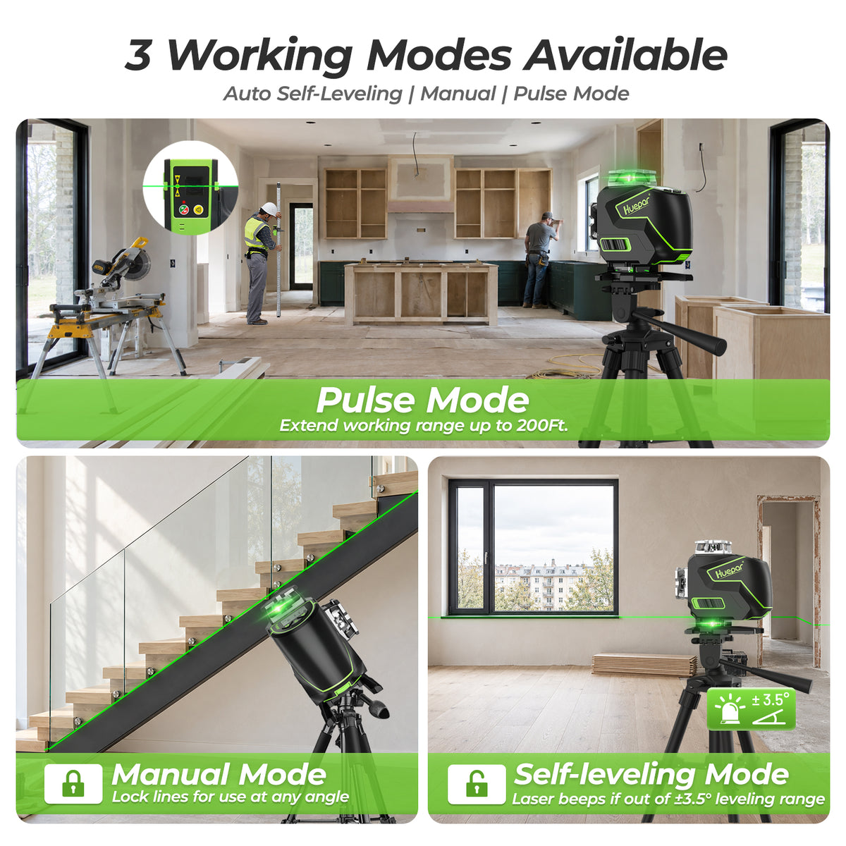 Huepar S04CG 4D Laser Level with three operating modes: outdoor pulse mode, manual mode, and self-leveling mode.