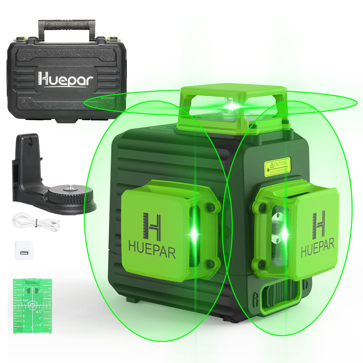 Huepar B03CG Pro - Niveau laser auto-nivelant à lignes croisées à faisceau vert 3 x 360° avec étui de transport rigide