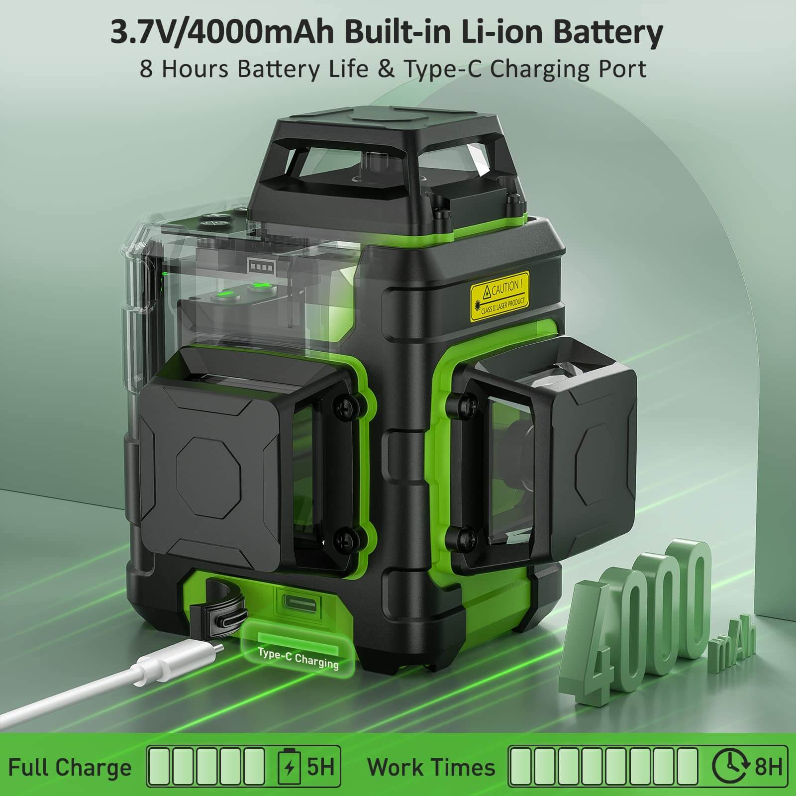 Huepar 3D Cross Line Self-leveling Laser Level 12 lines Green Beam Li-ion  Battery with Type-C Charging Port & Hard Carry Case