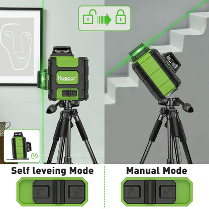 Huepar HM03CG - Strumento di livello laser a raggio verde autolivellante a linee incrociate 3D con modalità a impulsi