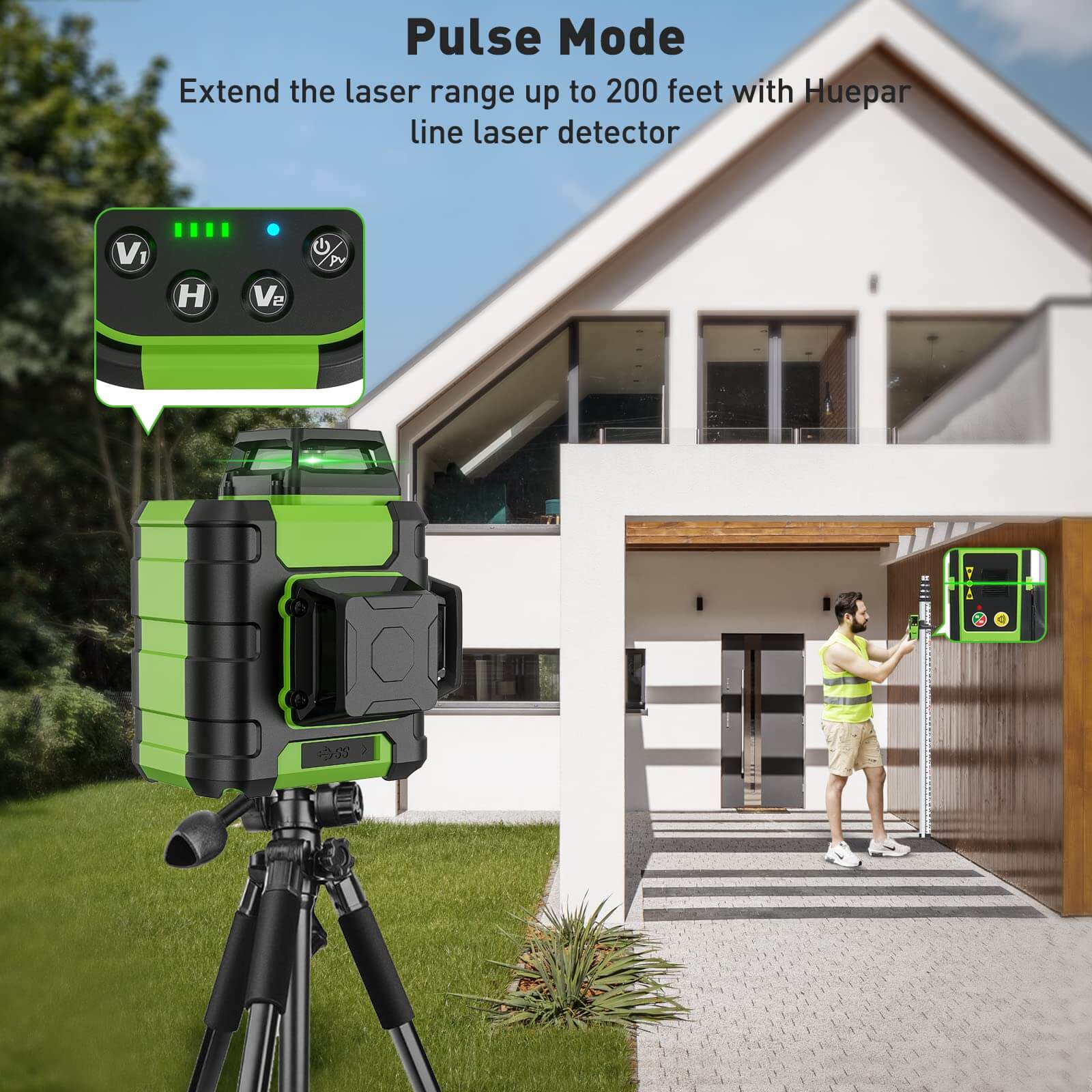 Huepar HM03CG - Huepar 3D Cross Line Self Leveling Green Beam Laser Level  Tool with Pulse Mode, Portable Hard Carry Case Included