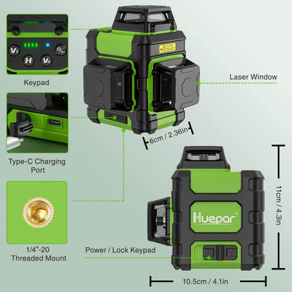 Huepar HM03CG - Outil de niveau laser à faisceau vert auto-nivelant Huepar 3D Cross Line avec mode impulsion, étui de transport rigide portable inclus