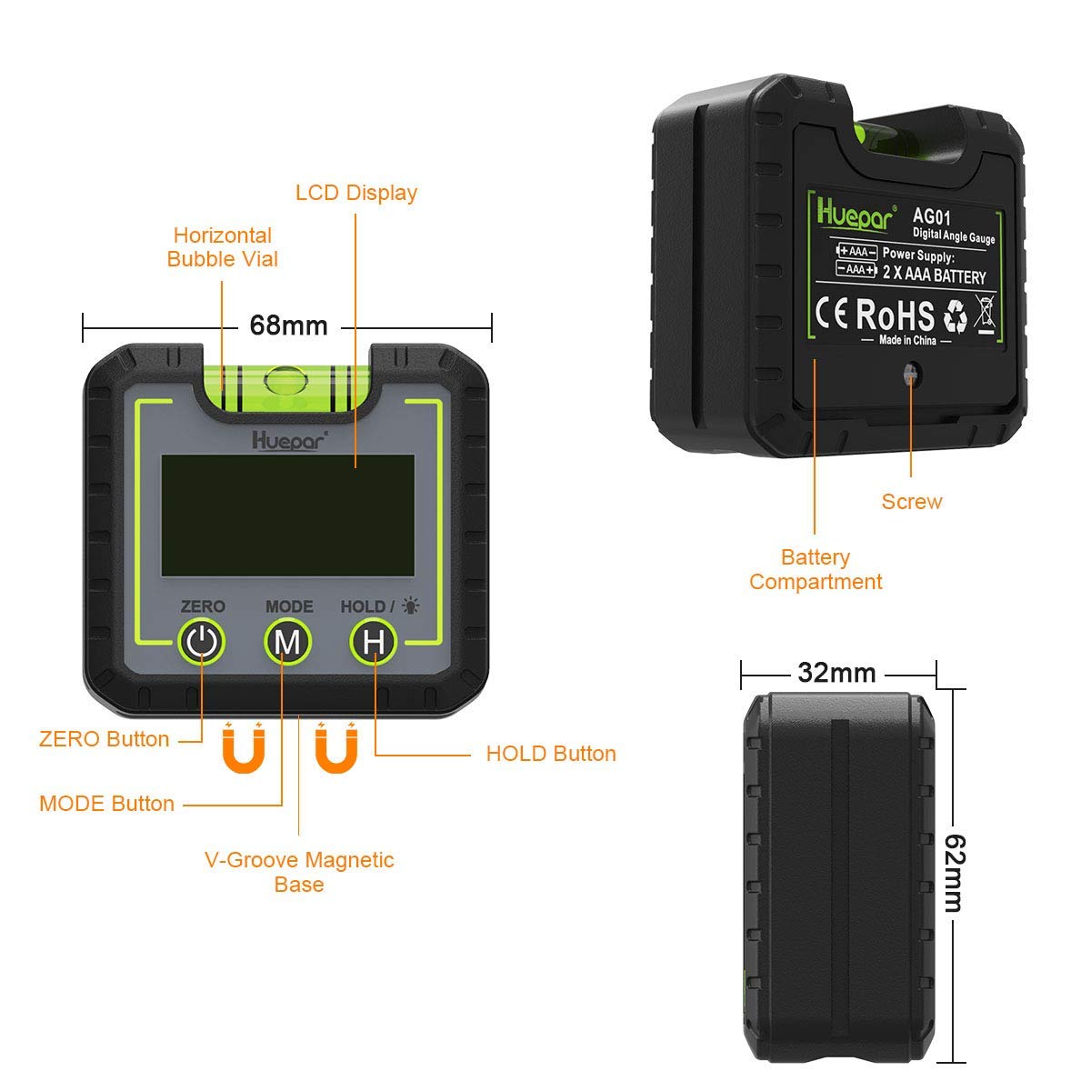 Medidor de ángulo Inclinometro digital portatil 0 – 360° Huepar AG01 –  Mundo Constructor