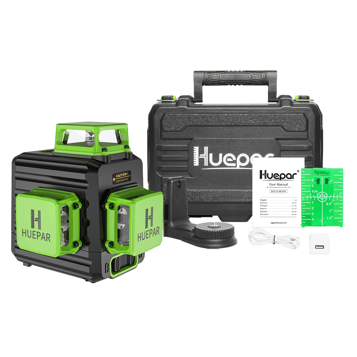 Huepar B03CG Pro 3 x 360 Green Beam Cross Line Self leveling Laser Level with Hard Carry Case