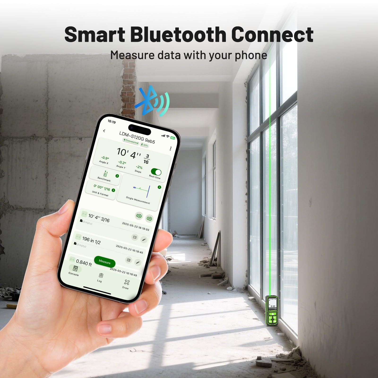 Huepar S120G-BT Bluetooth Laser Distance Meter (120m/395ft, ±1.5mm Accuracy, App Control, Area & Volume)