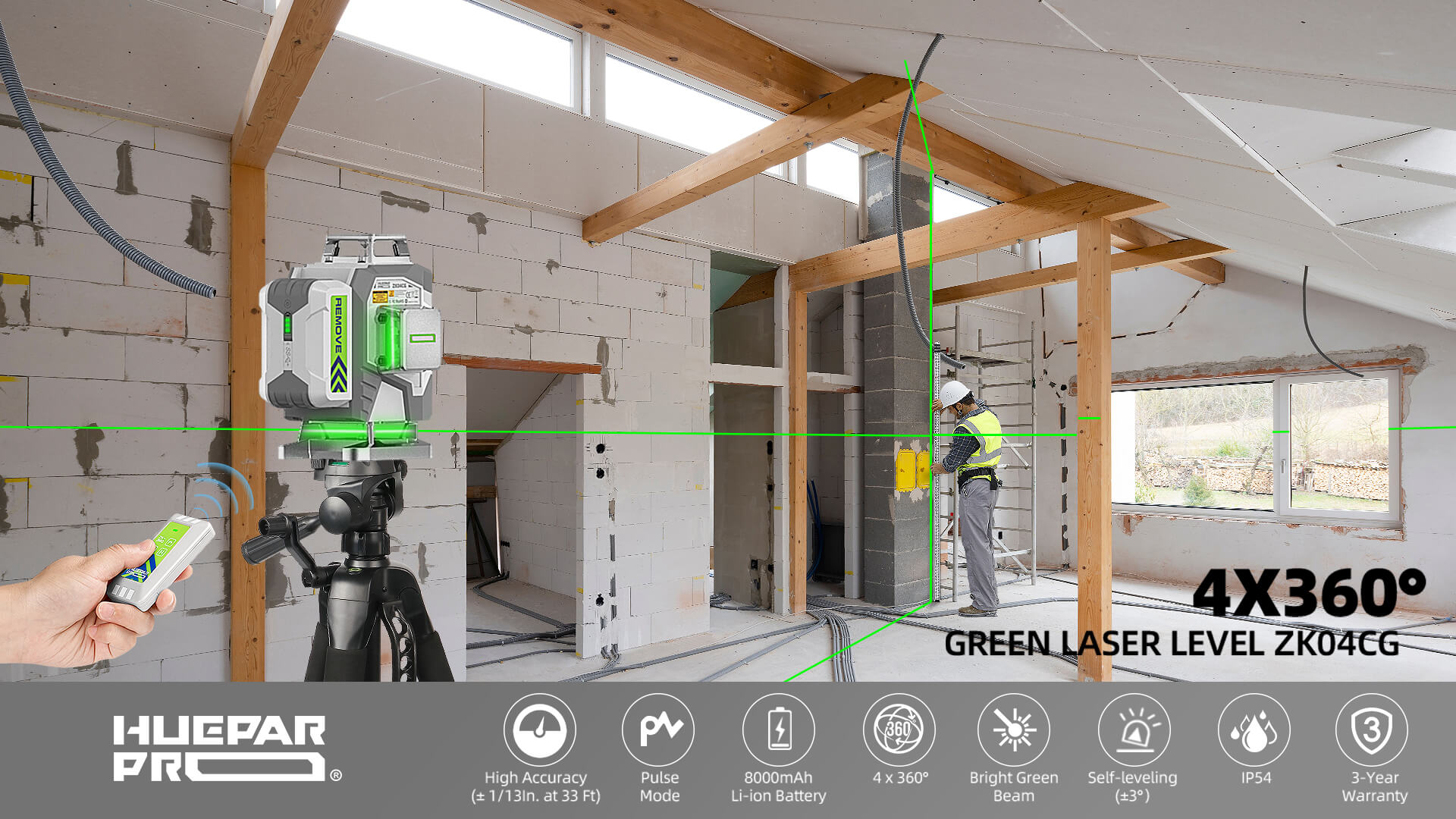 Huepar ZK04CG - Pro High Accuracy 4x360° Green Beam Cross Line