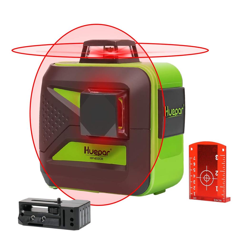 Huepar 602CR - Nivel láser autonivelante con alineación de líneas cruzadas de 2 x 360° con haz rojo y base pivotante magnética