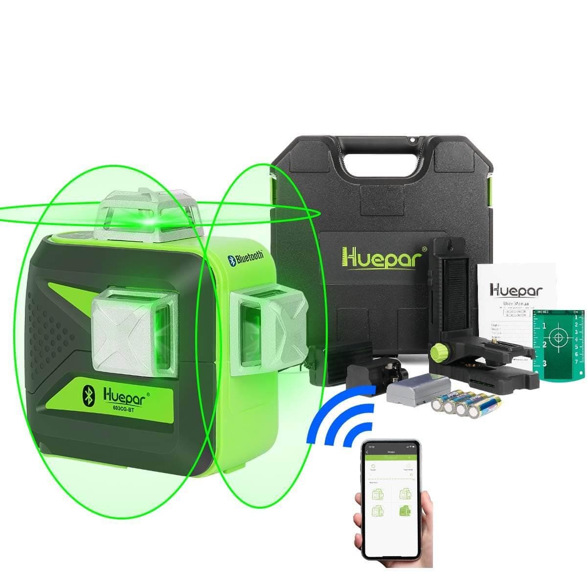 Huepar 603BT-H - Nivel láser autonivelante 3D con haz verde de 3 x 360° con estuche rígido 