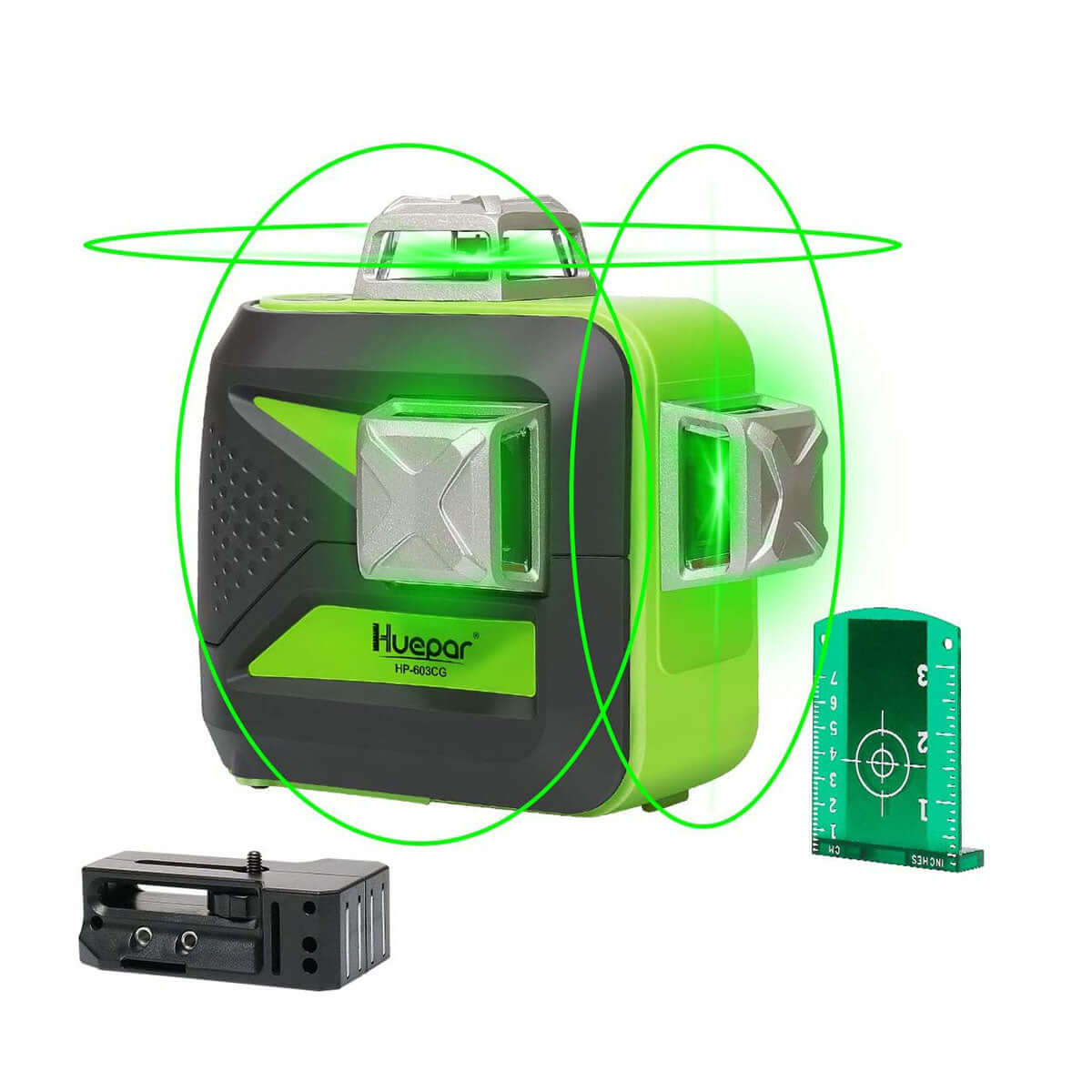 Huepar 603CG - 3D zeleni snop, samonivelirajuća laserska nibela 3 X 360°