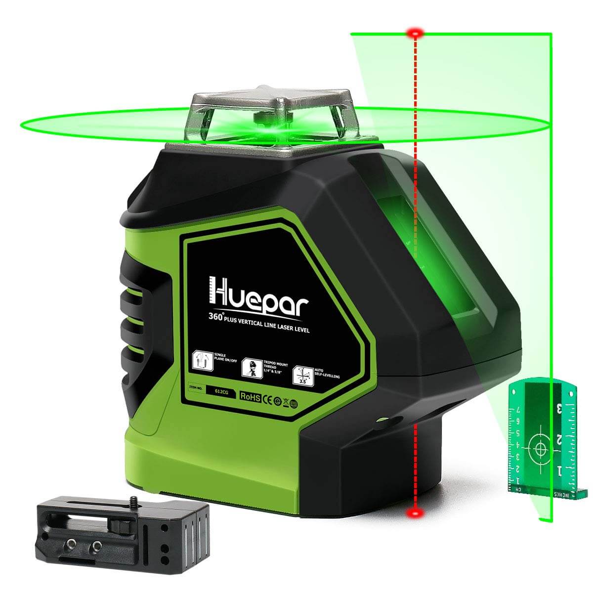 Huepar 621CG - Samonivelirajuća zelena laserska nivelirna križna linija s 2 viska i laserski alat za točke