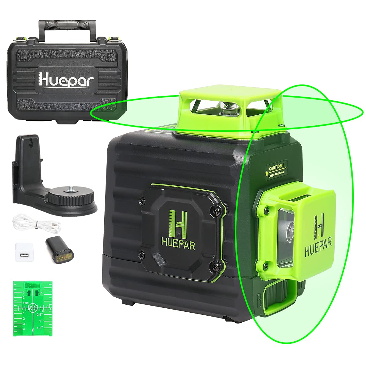 Huepar B02CG - Nivel láser autonivelante de línea cruzada de nivelación y alineación de doble plano con haz verde de 360° 