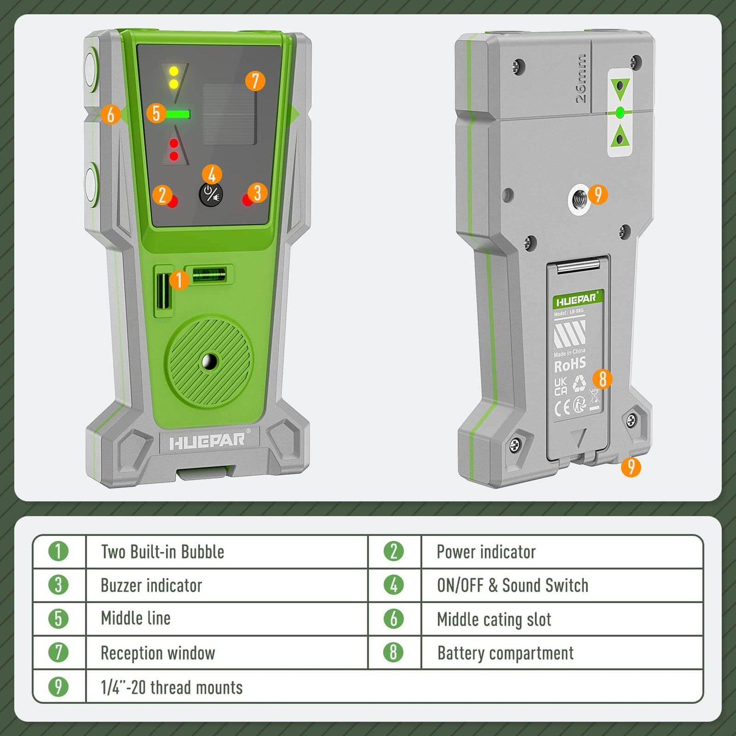 Huepar LR8RG - Detector láser/Receptor láser de línea 