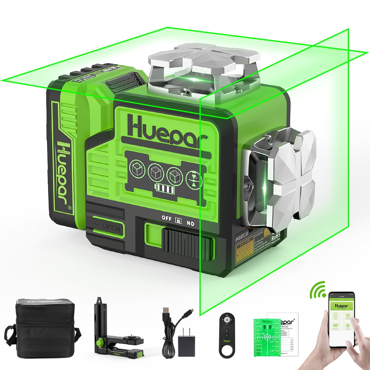 Huepar P02CG - 2 x 360° Green Bluetooth Self-Leveling 12 Lines Cross Laser Tool with Pulse Mode