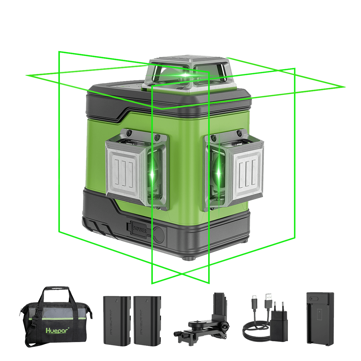 Huepar 503CG - Livella laser autolivellante a linea trasversale a raggio verde 3D 