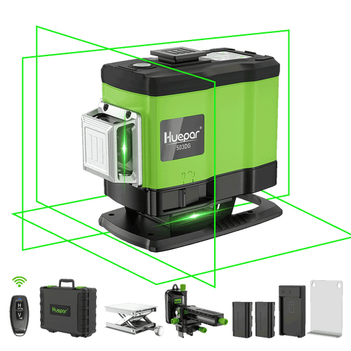 Huepar 503DG - Linea trasversale autolivellante Green Beam 3x360 con custodia rigida 