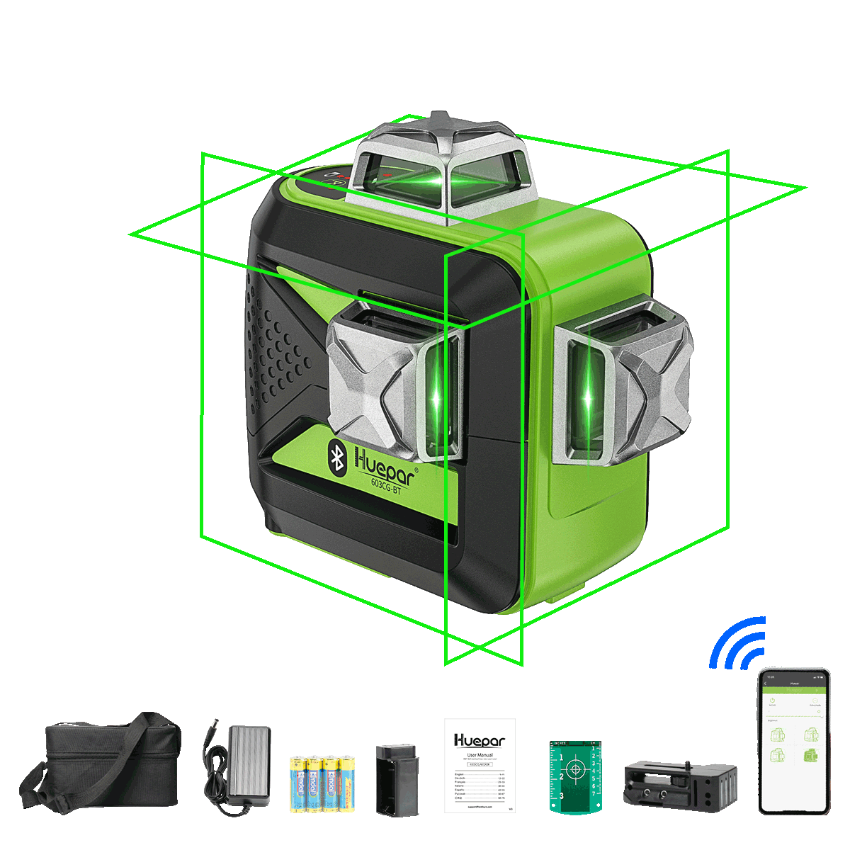 Huepar 603CG-BT - Nivel láser 3D con haz verde de 3 x 360° y conectividad Bluetooth