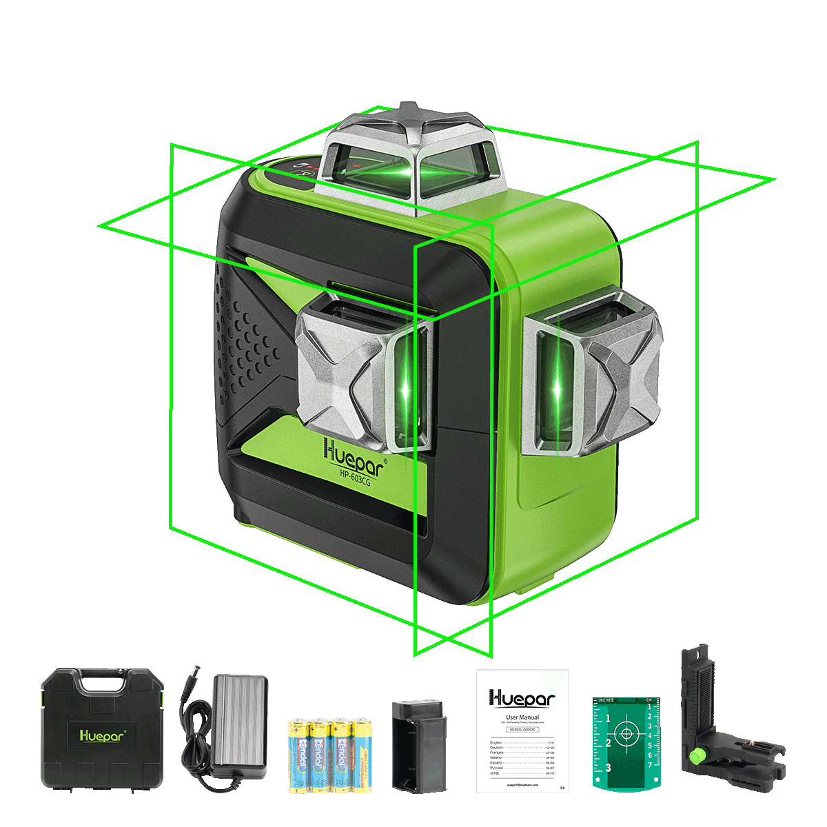 Huepar 603CG-H - Nivel láser autonivelante 3D con haz verde de 3 x 360° con estuche rígido 