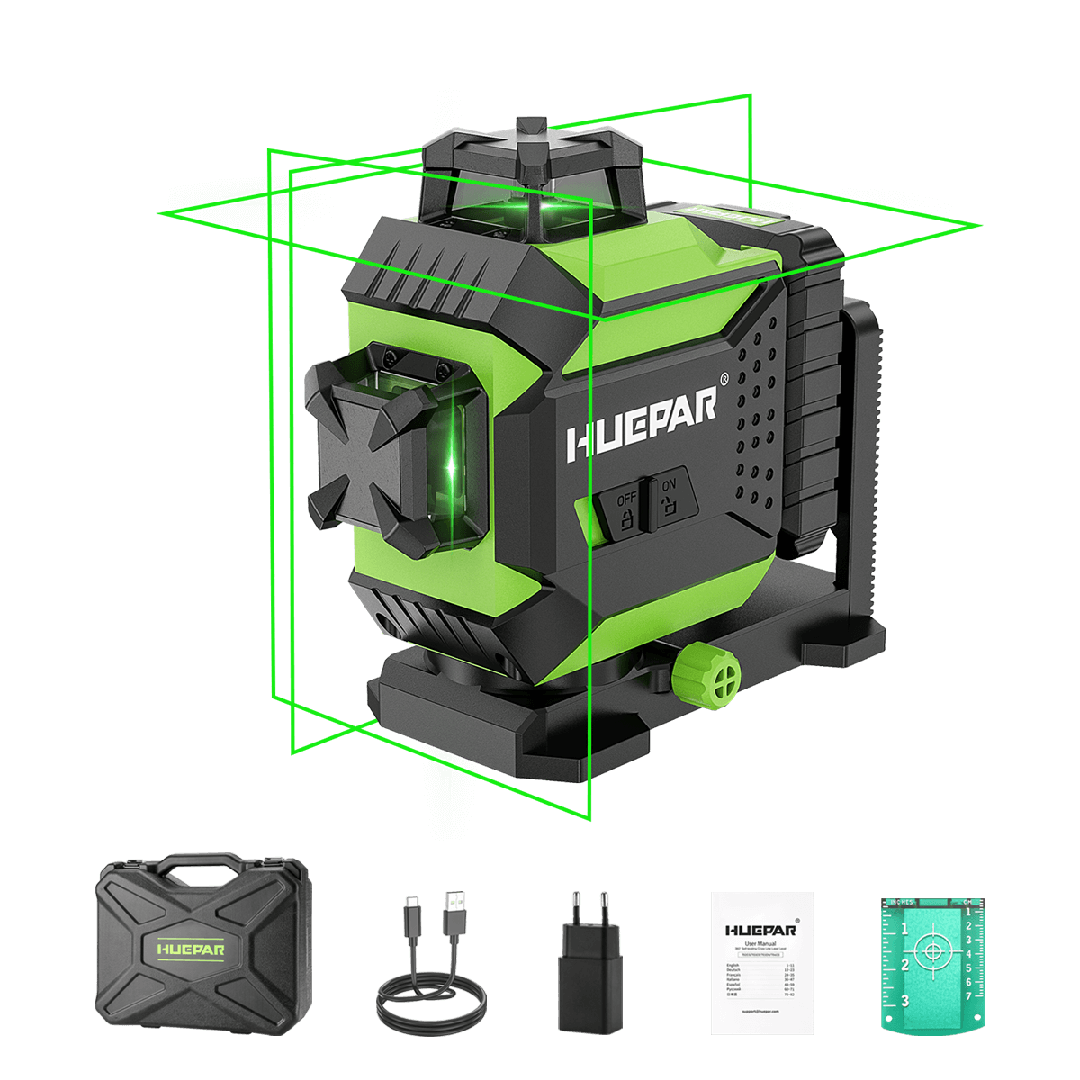 Huepar 703CG - 12 linii Samopoziomujący laser krzyżowy Osram Green Beam z twardym futerałem