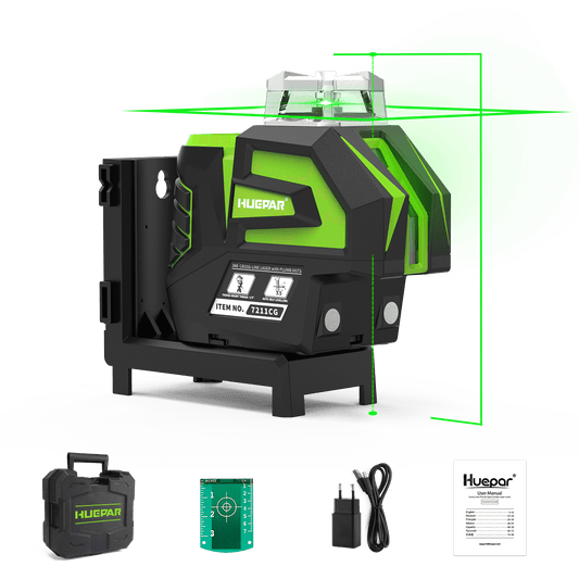 Huepar 7211CG - Linea trasversale di livello laser verde autolivellante con strumento laser a 2 punti a piombo 