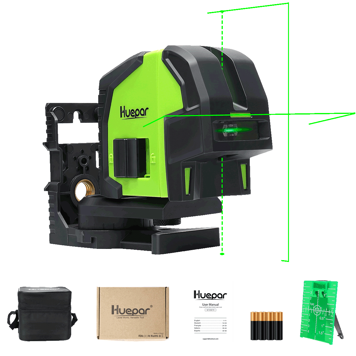 Huepar 8211G - Livella laser professionale a linea trasversale verde con 2 punti a piombo 