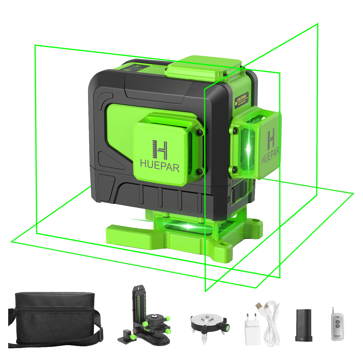 Huepar 903DG – 3D-Kreuzlinienlaser mit grünem Strahl, selbstnivellierende Laser-Nivelliergeräte für Fliesenböden mit Fernbedienung