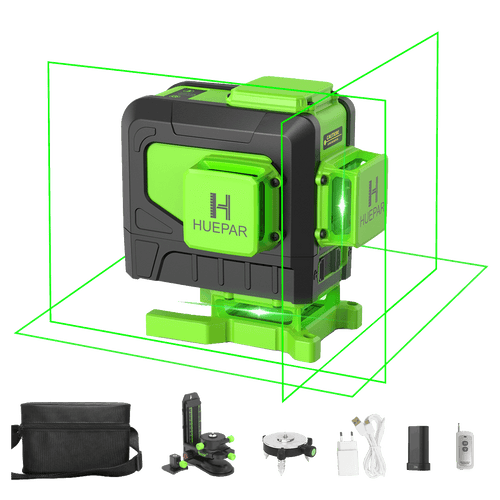 Huepar 903DG - Niveau laser à lignes croisées 3D à faisceau vert Outils de niveau laser auto-nivelants pour carrelage avec télécommande