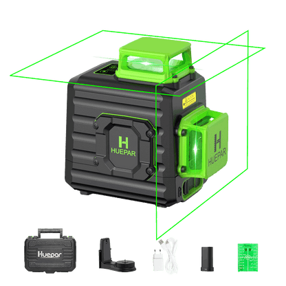 Huepar B02CG - Livella laser autolivellante a doppio piano con raggio verde a 360° e allineamento a linea incrociata 