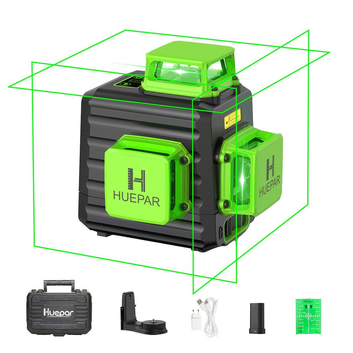 Huepar B03CG Pro - Nivel láser autonivelante de línea cruzada con haz verde de 3 x 360° y estuche rígido de transporte 