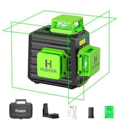 Huepar B03CG Pro - Nivel láser autonivelante de línea cruzada con haz verde de 3 x 360° y estuche rígido de transporte 