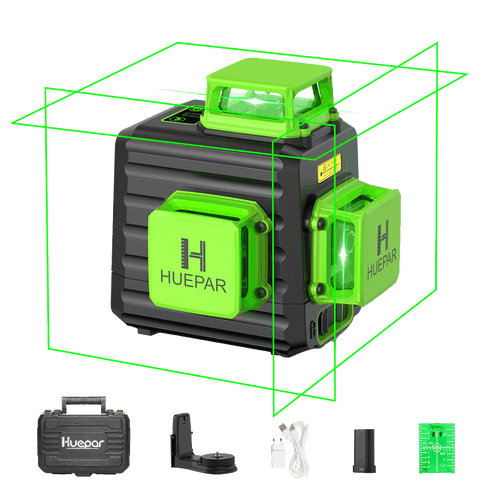 Huepar B03CG Pro - Poziomica laserowa samopoziomująca z 3 x 360° Green Beam Cross Line w twardej walizce