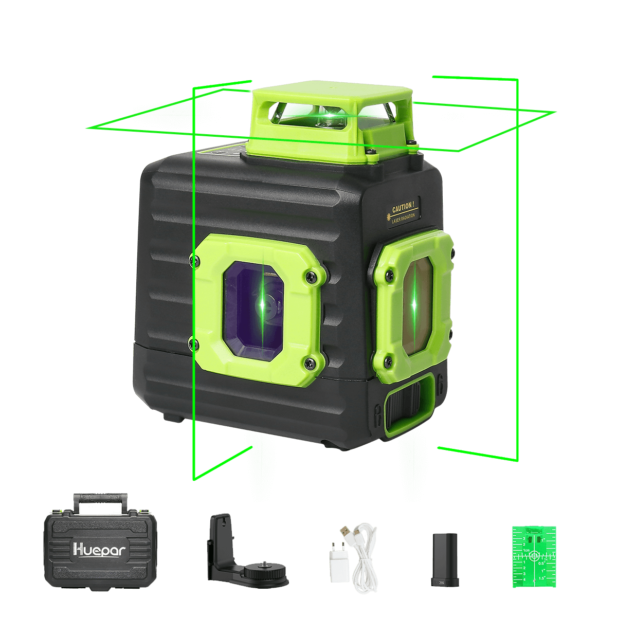 Huepar B21CG - Niveau laser vert 360° horizontal et deux lignes verticales en croix avec étui de transport rigide