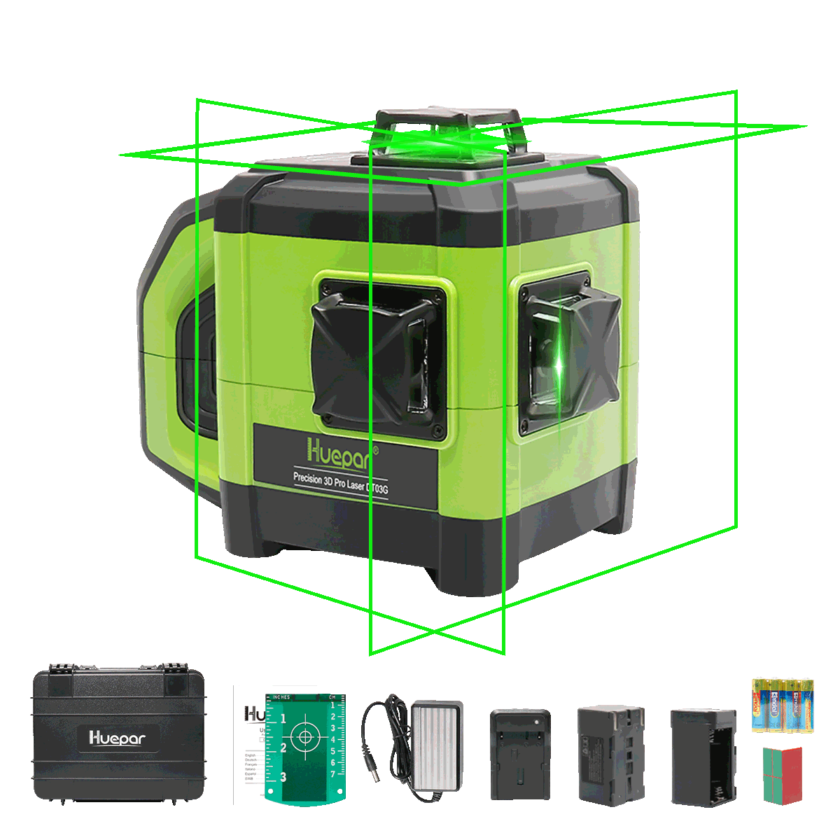 Huepar DT03CG+ 3x360° Función de doble pendiente Línea cruzada Nivel láser autonivelante 3D Rayo verde con receptor