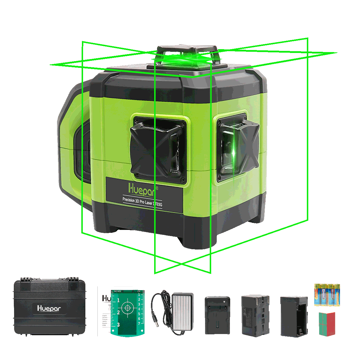 Huepar DT03CG+ 3x360° Laserska libela s dvostrukim nagibom s funkcijom križne linije, samonivelirajuća 3D zelena zraka s prijemnikom