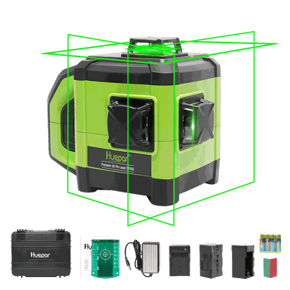 Huepar DT03CG+ 3x360° Función de doble pendiente Línea cruzada Nivel láser autonivelante 3D Rayo verde con receptor